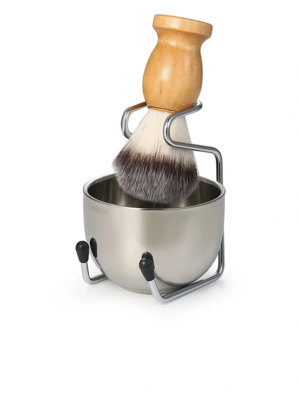 Wood Handle Shaving Brush with Silver Lather Bowl and Stand - Men Grooming NIB